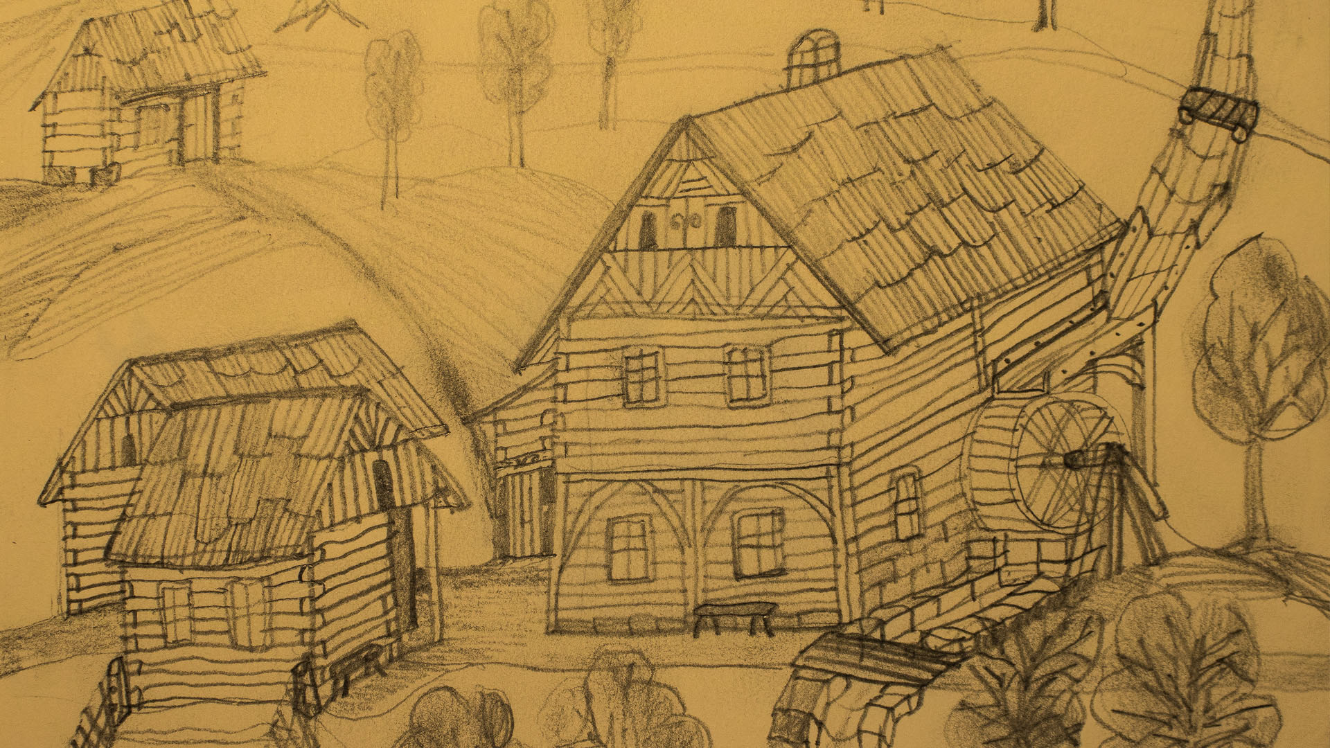 Špičkův mlýn v Malé Skále. Originál kresby je uložen ve sbírce Půjčovny lodí Klokočí.